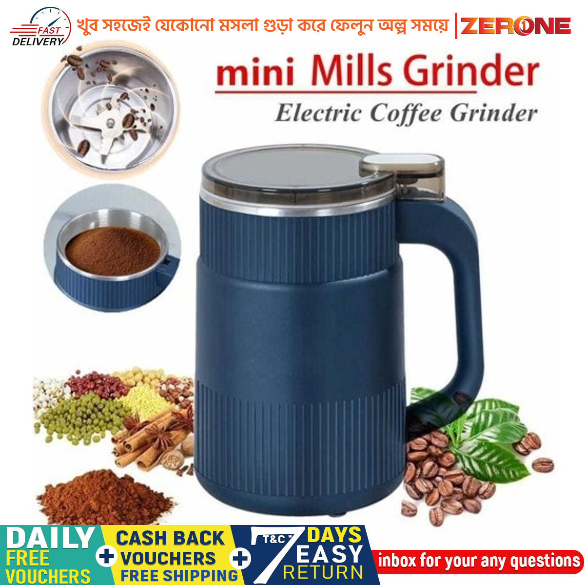 Spice Grinder Portable with Handal Electric Grain Mill Grinder Stainless Steel Dry Grain Spices Cereals Seasonings Coffee Bean Grinder