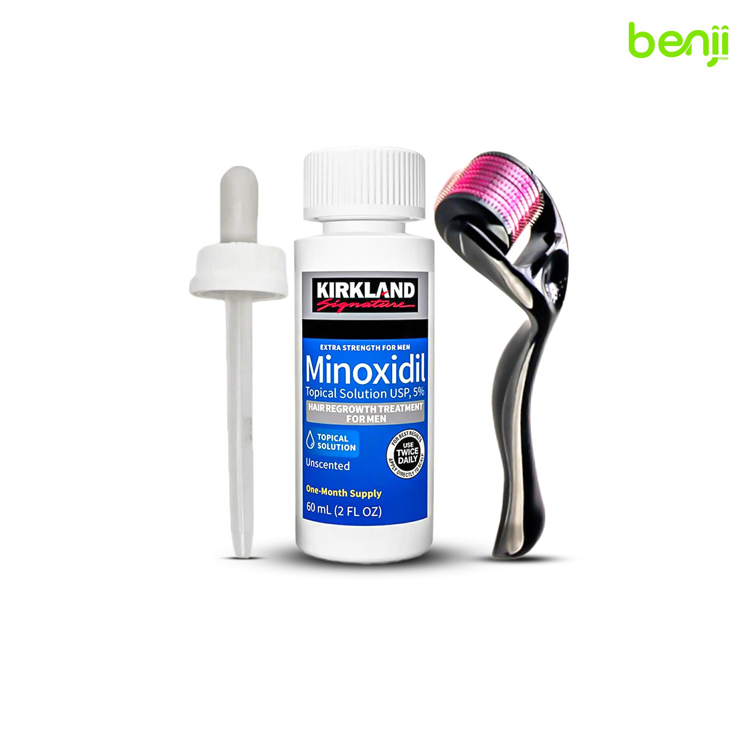 Kirkland Signature Topical Minoxidil 5% Extra Strength for Men Hair Regrowth Treatment with Derma Roller - 1 Month Supply - MNXMC