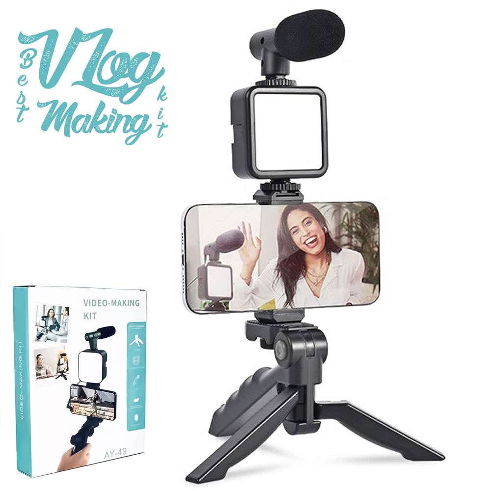 Professional AY-49 Smartphone Vlog Video Fill Light Kit with Tripod Microphone Phone Stand Remote Controller Shooting-Video Making kit Stabilizers- Vlogging Kit