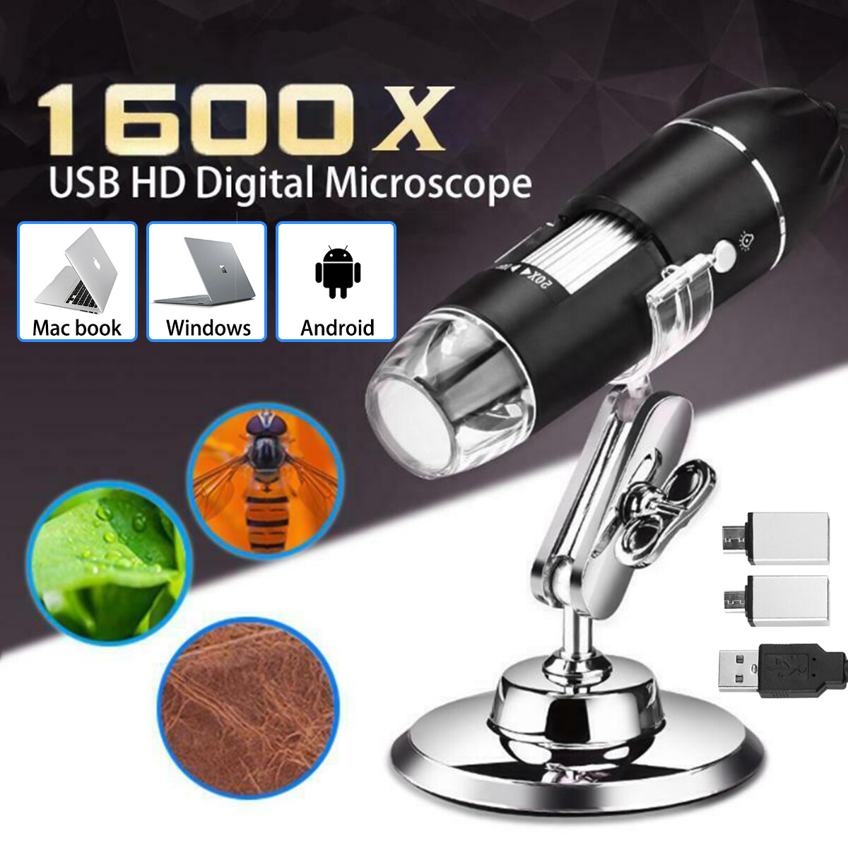 RIEVBCAU 1600X Digital Microscope 3in1 Type C USB Professional Electronic Microscope With 8 LED Endoscope Zoom Camera Magnifier