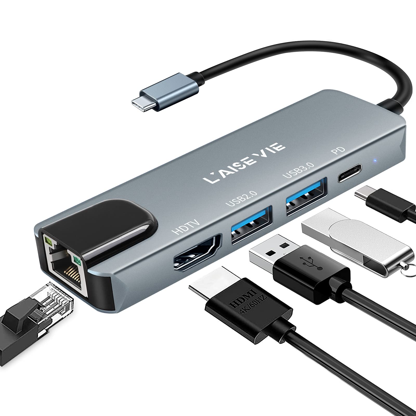 USB C Hub, 5-in-1 USB C to 4K HDMI,USB C Multiport Adapter with Ethernet Port, 100W Power Delivery PD Type C Charging Port, USB 3.0& 2.0 Ports Adapter