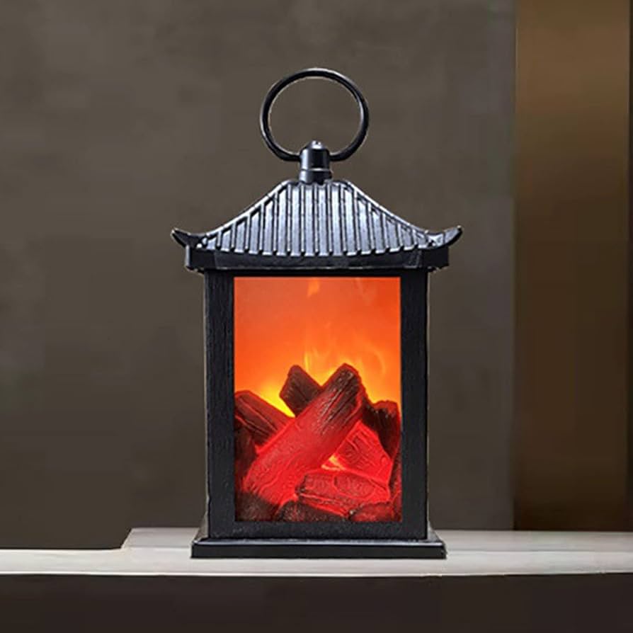 Rustic Flameless Fireplace Lantern - Vintage LED Hanging Lamp for Cozy Indoor & Outdoor Ambiance