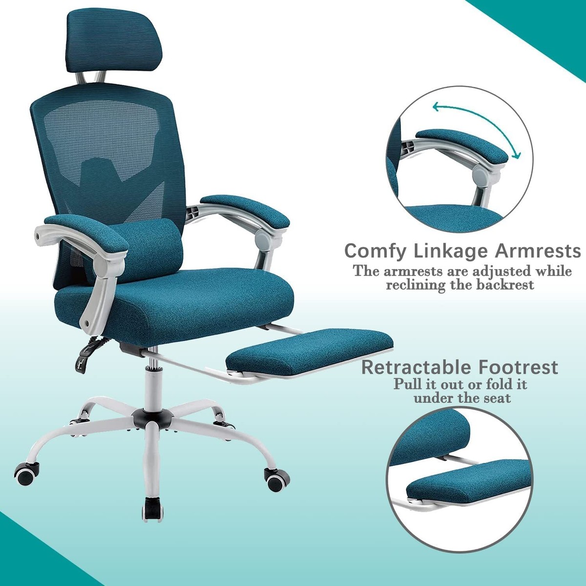 High-Back Mesh Office Chair with Headrest,Footrest and Lumbar Pillow Support