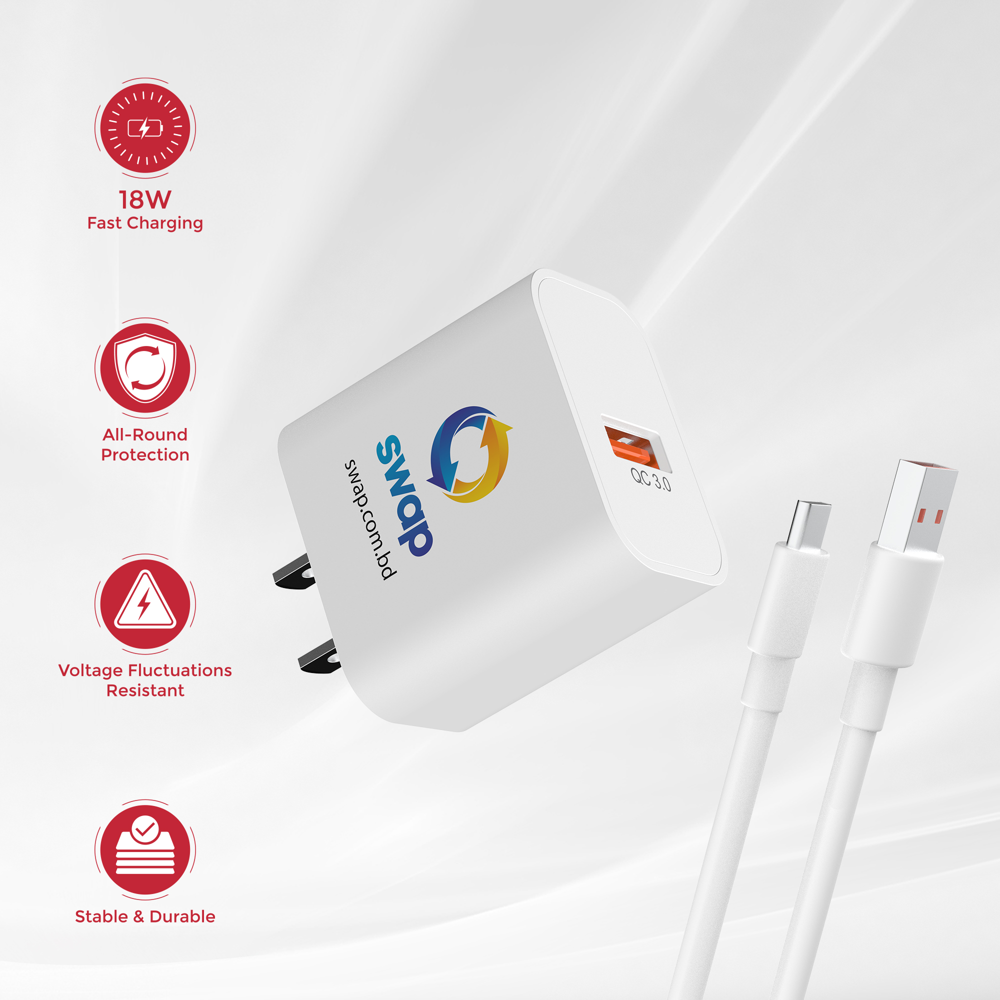 18W Fast Charger - USB Type-A Charger with USB Cable, Quick Charge Power Adapter for All Android Samsung and iphone 16/15 Mobile Devices (SWAP Collab)