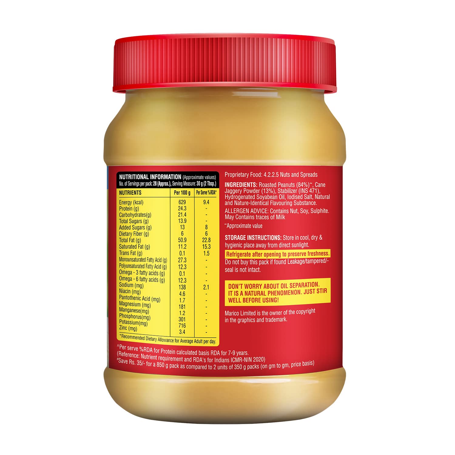 Saffola Peanut Butter with Jaggery Crunchy | High Protein Peanut Butter | Only Jaggery, No Refined Sugar, 850g