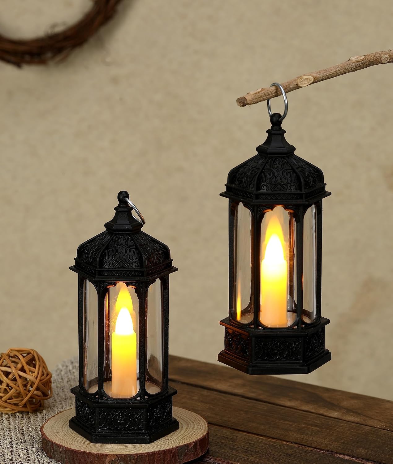 1 Pcs Acrylic Antique LED Hurricane Lantern Lamp, Wall Hanging Led String Light Holder for Wall Home, Drawing, Living Room