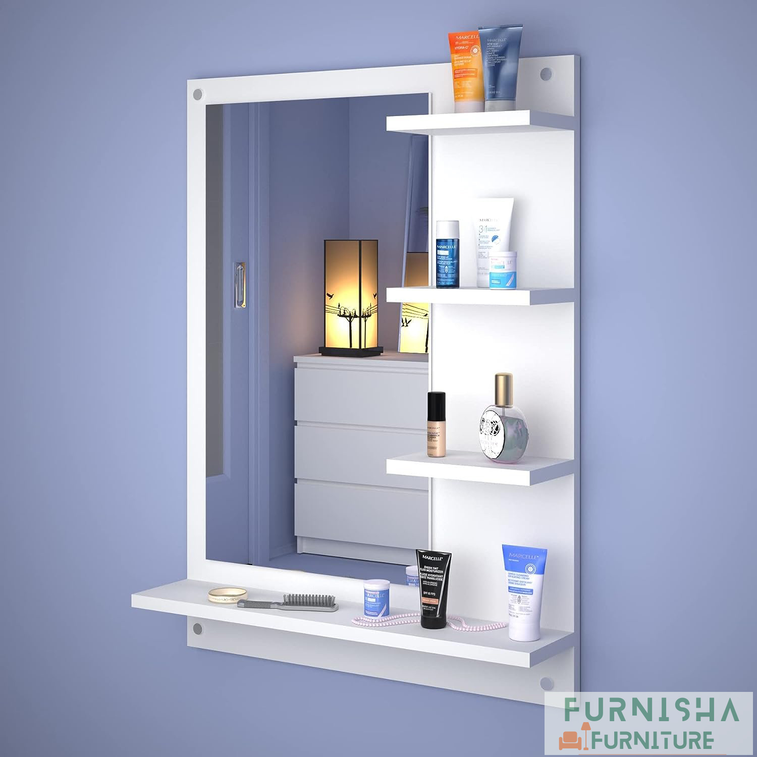 Furnisha Home Furniture Engineered Wood Melamine Board Square Wall Hanging Dressing Mirrors with Shelf multipurpose use your home & office (White , Matte Finish 30/24'')