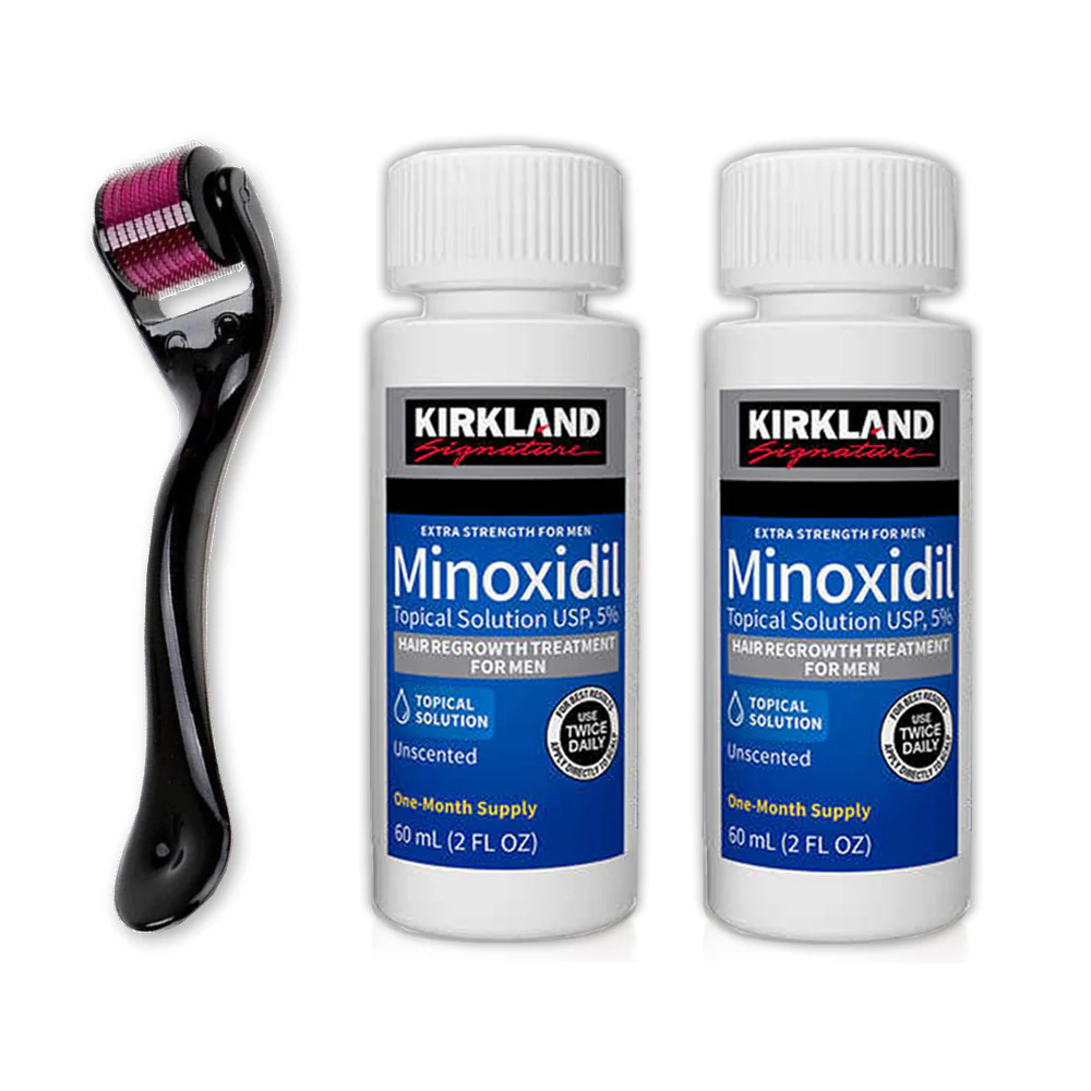 Kirkland Signature Topical Minoxidil 5% Extra Strength for Men Hair Regrowth Treatment with Derma Roller - 1 Month Supply - MNXMC