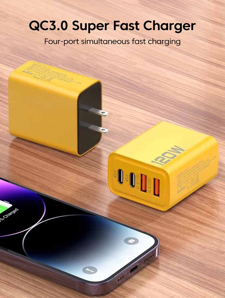 4 in 1 Fast Charging Mobile Adapter Charger 4 Ports (2 USB + 2 PD) Plug Quick Charge 3.0 Wall Charger Adapter For iPhone 15 Samsung Xiaomi Android PD USB EU and 1.5 meter Cable
