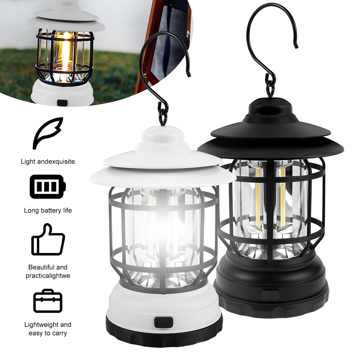 Rechargeable LED Camping Lantern Retro Portable Emergency Hanging Lamp Stepless Dimming Camping Lamp Waterproof Outdoor Lighting