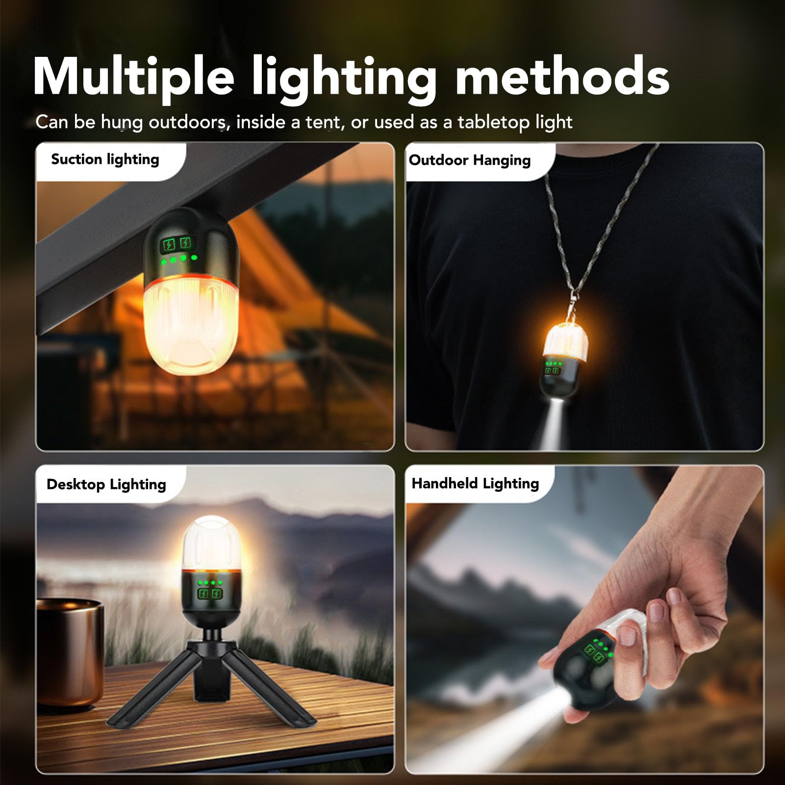 Powerful Mini LED Camping Light with Display Magnetic Hook Lantern USB Rechargeable Tent Hanging Lamp Silver