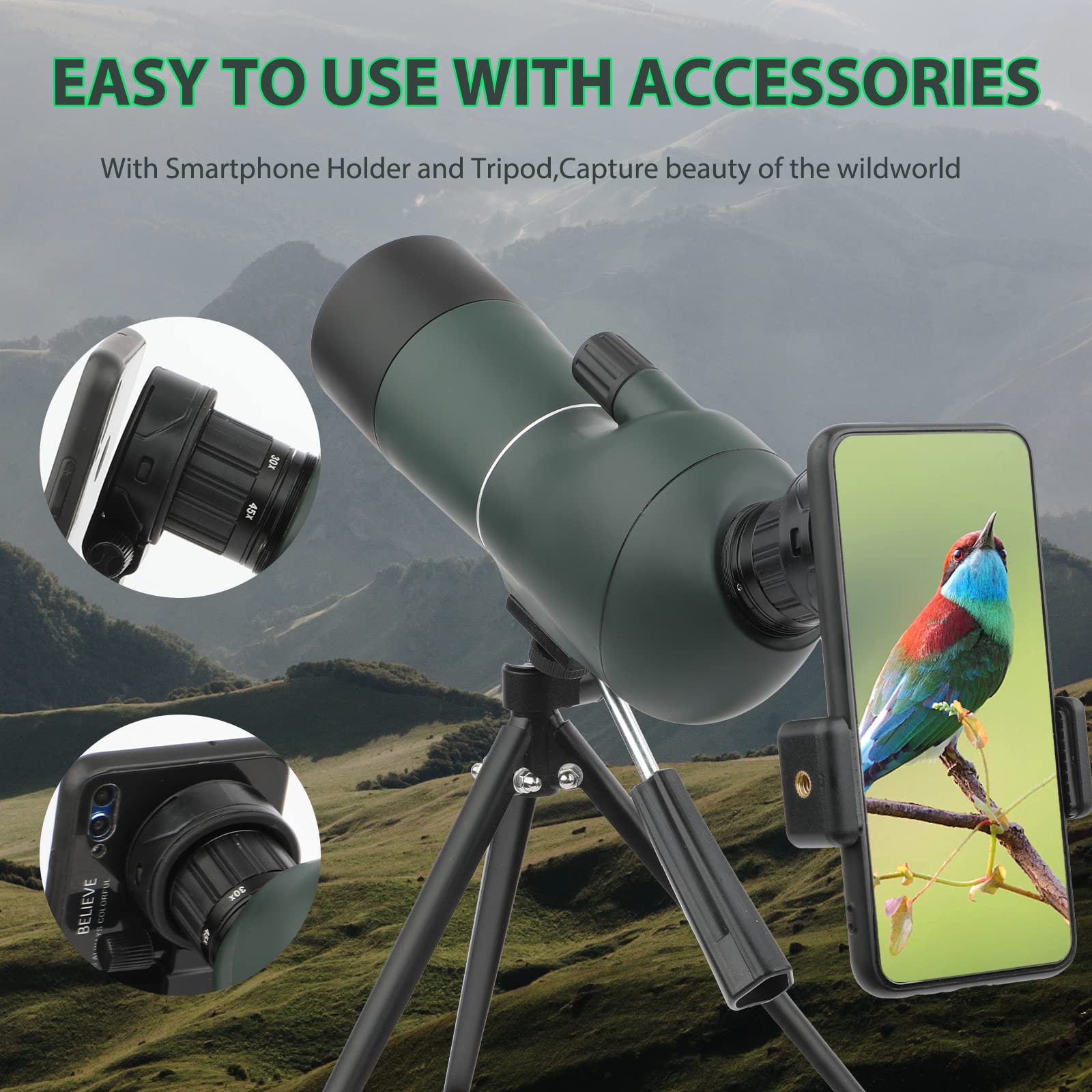 SVBONY SV14 Spotting Scope with Tripod and Phone Adapter Bak4 Prism Waterproof FMC Optical Lens 45-Degree Angled Eyepiece for Bird Watching Wildlife Viewing