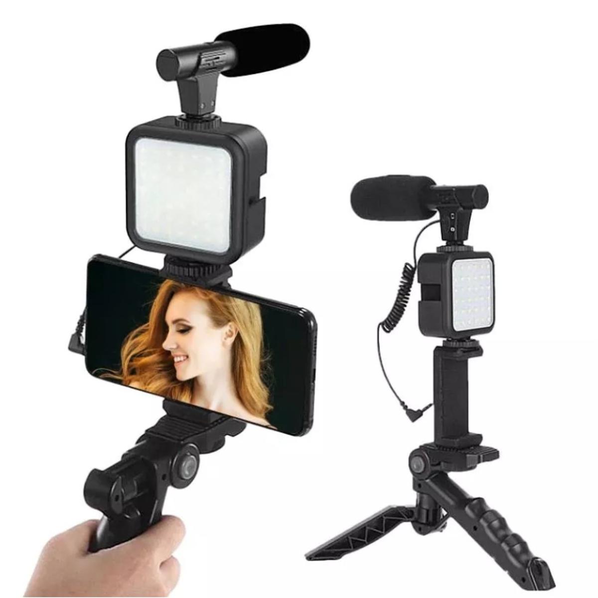 Professional AY-49 Smartphone Vlog Video Fill Light Kit with Tripod Microphone Phone Stand Remote Controller Shooting-Video Making kit Stabilizers- Vlogging Kit