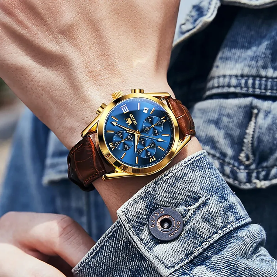 olev,s leather waterproof quartz fashion watch for men