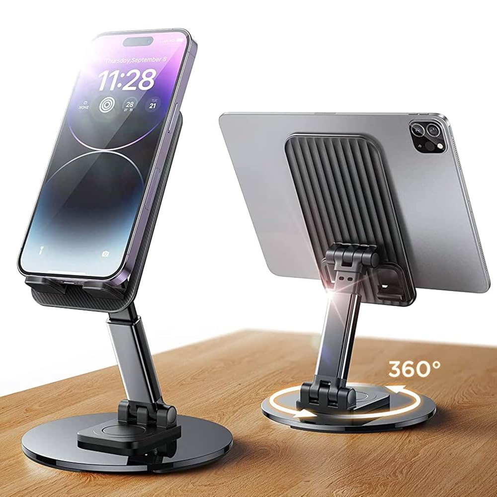 360° Rotating Full Metal Phone & Tablet Stand – Aluminum Alloy Adjustable Desktop Holder for Mobile Devices