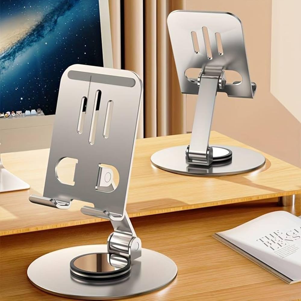 360° Rotating Full Metal Phone & Tablet Stand – Aluminum Alloy Adjustable Desktop Holder for Mobile Devices