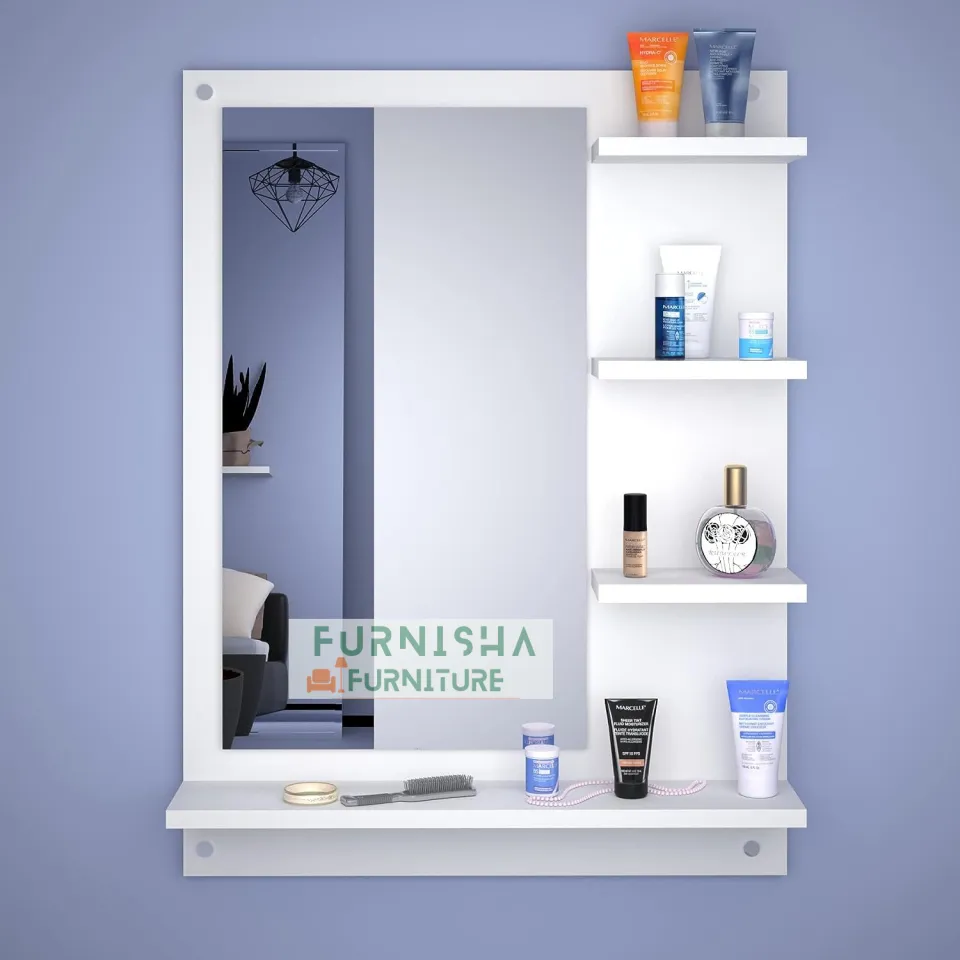 Furnisha Home Furniture Engineered Wood Melamine Board Square Wall Hanging Dressing Mirrors with Shelf multipurpose use your home & office (White , Matte Finish 30/24'')