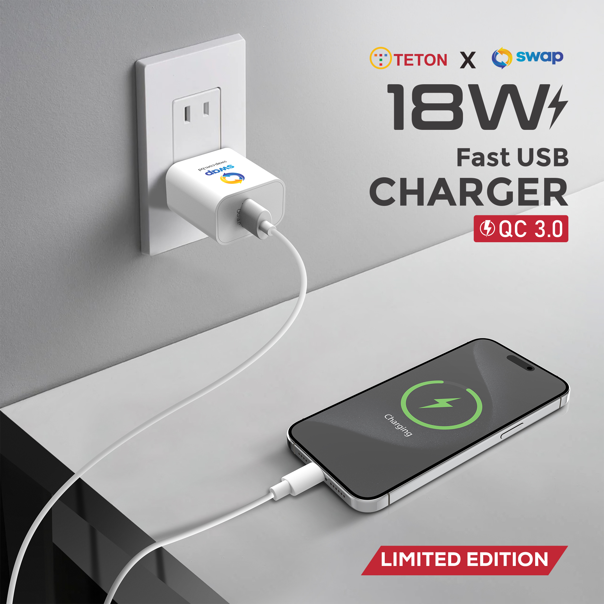 18W Fast Charger - USB Type-A Charger with USB Cable, Quick Charge Power Adapter for All Android Samsung and iphone 16/15 Mobile Devices (SWAP Collab)