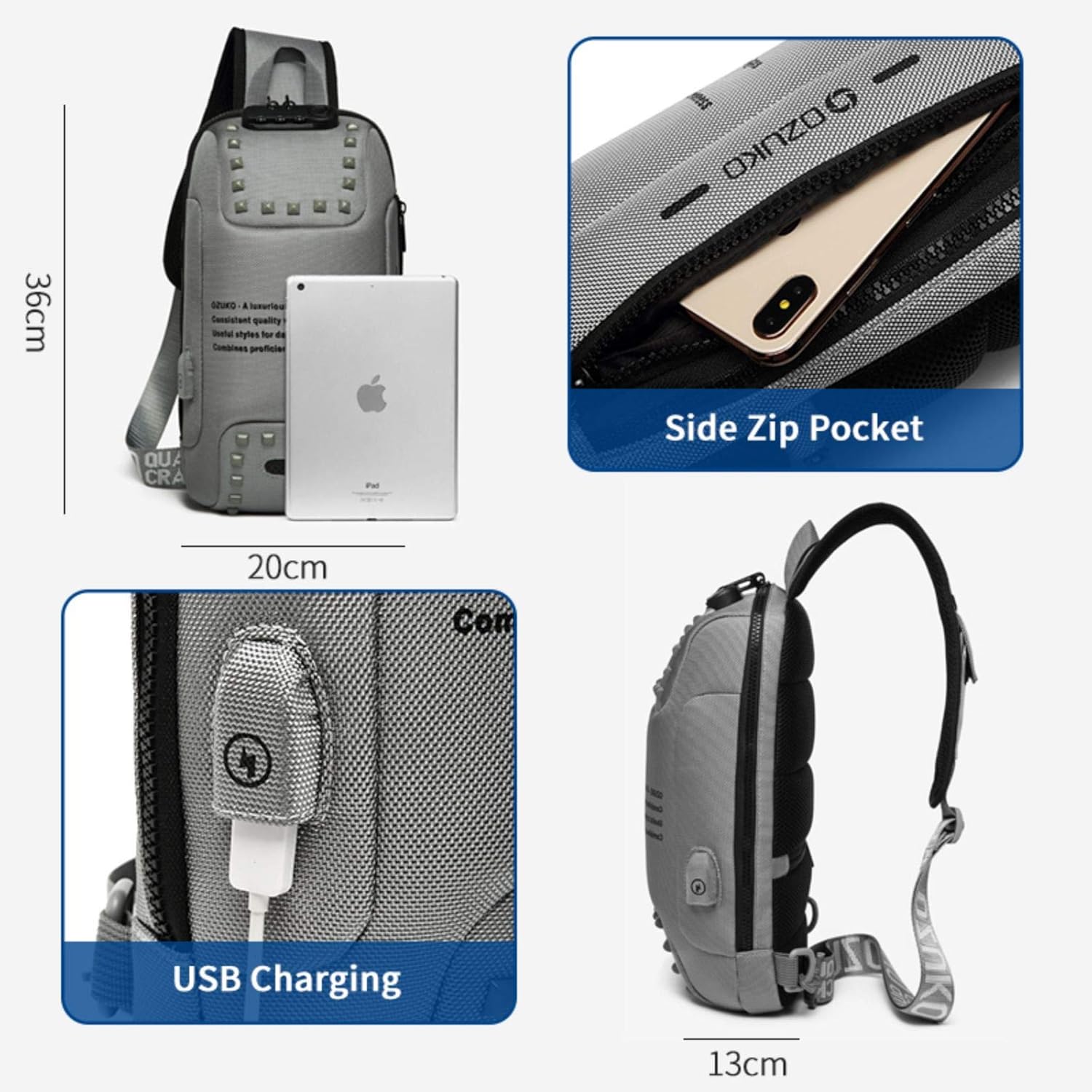 OZUKO USB Charging Anti-theft Waterproof Crossbody Multifunctional Chest Bag for Men & Women