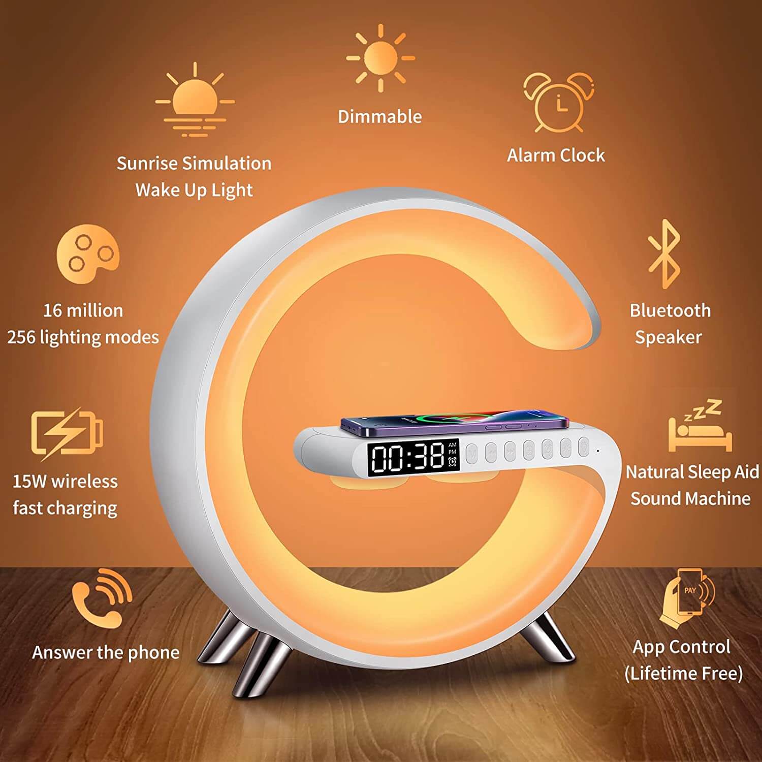 G63 4 In 1 Bluetooth Speaker 10W Multifunctional Wireless Charger LED Atmosphere RGB Night Light Alarm Clock Desk Lamp Bluetooth Speaker Wireless Charging Modern Speaker