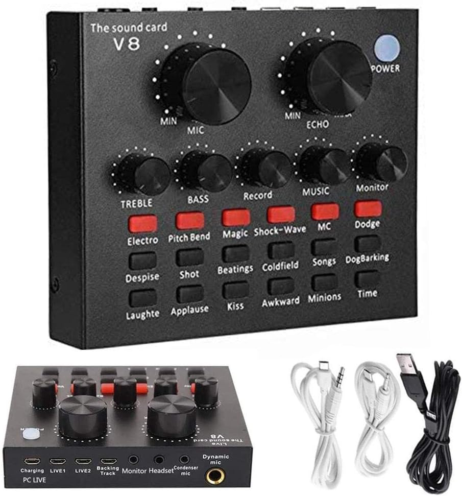 V8 Live Sound Card, Voice Change Digital Sound Card Audio Interface Mixer Board Dj Sound Mixer for Phone Computer Live Online Singing,Live Broadcast, K Songs, Re_cording,Voice Chatting 1 Ratings