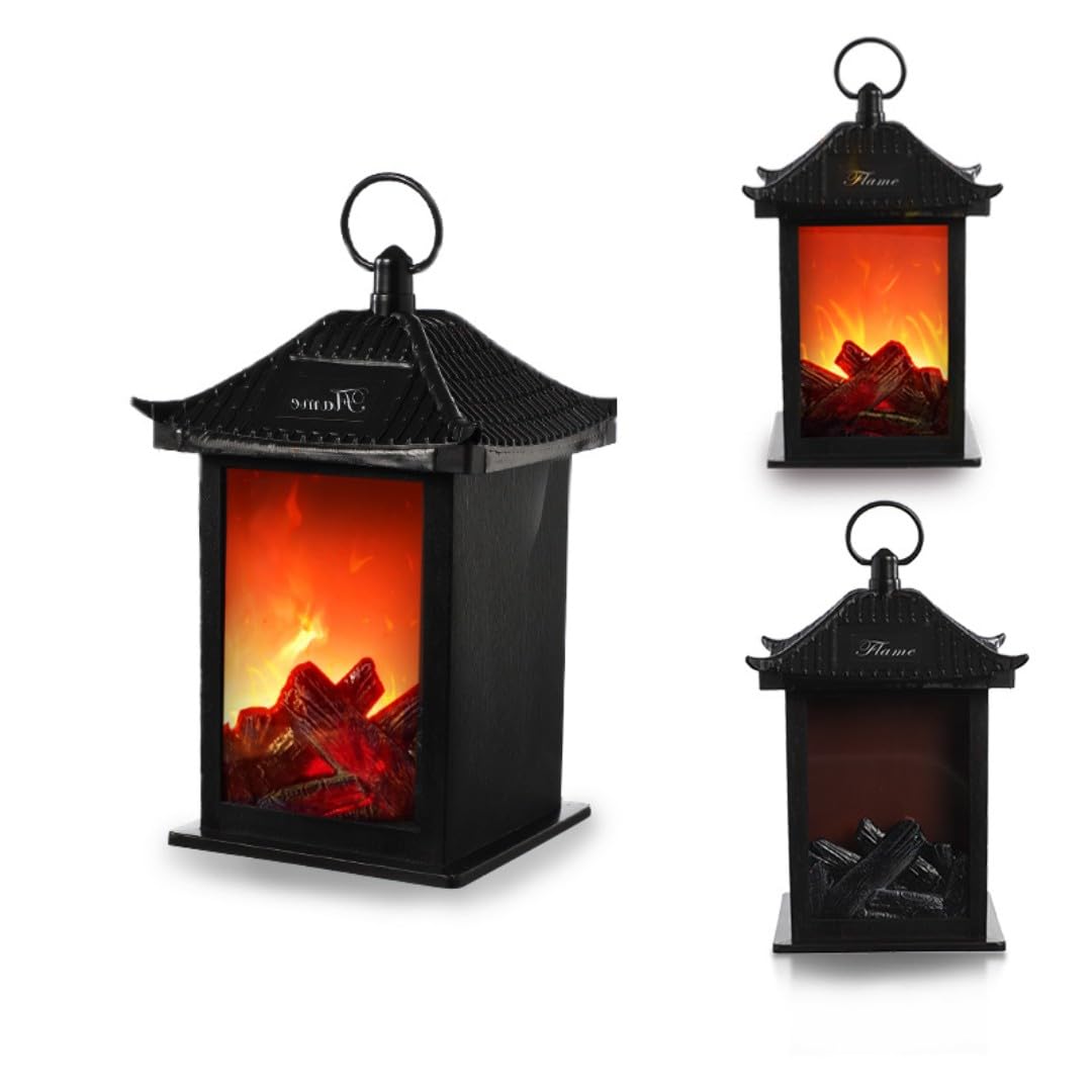 Rustic Flameless Fireplace Lantern - Vintage LED Hanging Lamp for Cozy Indoor & Outdoor Ambiance