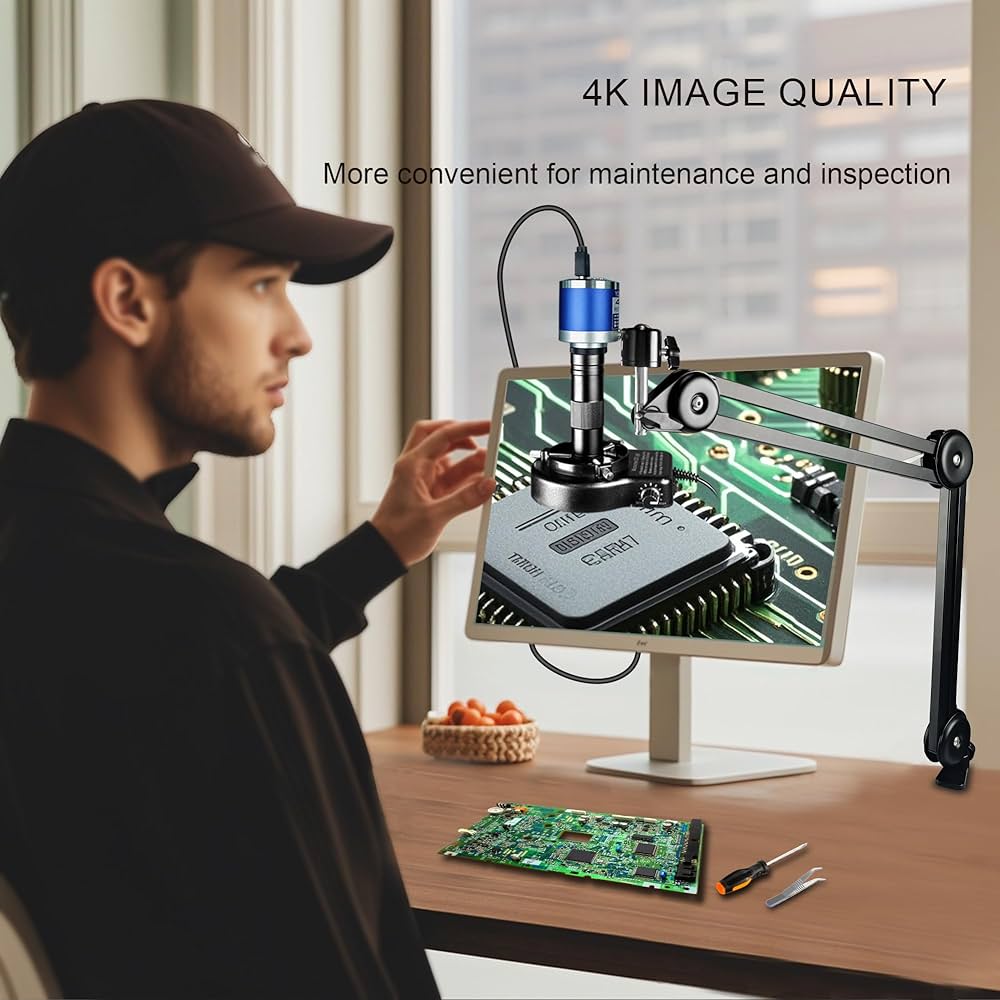 4K 48MP Digital Video Microscope Camera USB-C HDMI Industrial Microscope with Enhanced Stand 150X Magnification forPCB Solderin