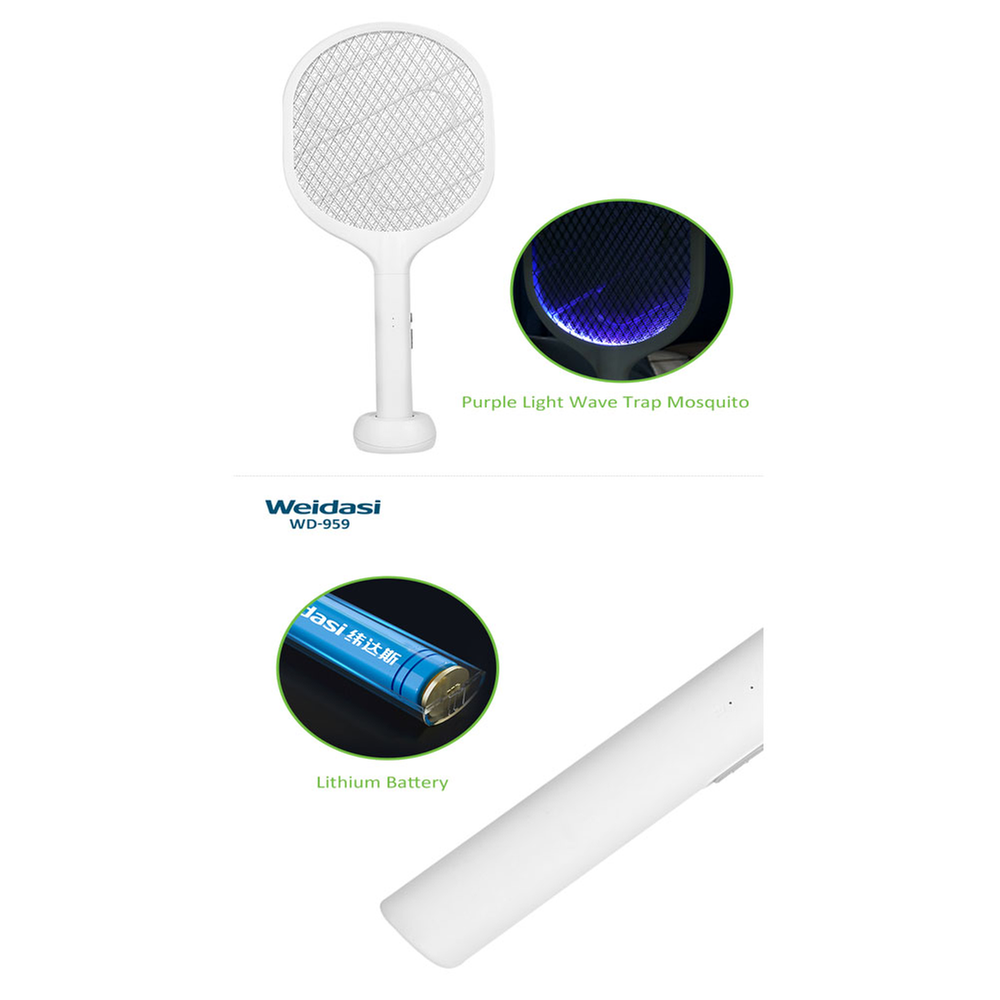 Weidasi WD-959 Mosquito Bat Rechargeable with Lure Light Insect bugs Lamp Stand Holder USB Charging Cable Included Electric Swatter Lithium Ion Battery WD 959
