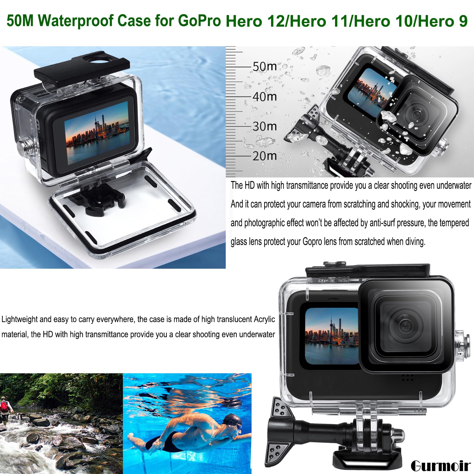 TELESIN 60M Waterproof Case Underwater Tempered Glass Lens Diving Housing Cover for GoPro Hero 9 10 11 12 Black Camera Accessori