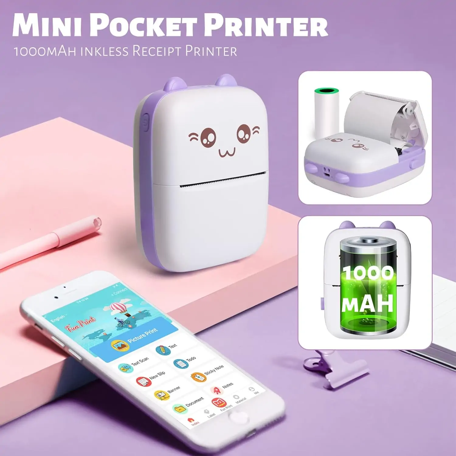 Thermal Mini Printer Label Sticker Printer Notes Printer Mobile Thermal Photo Printer Rechargeable Bluetooth Pocket Printer, Nadra-C9-Blue-Mini-3-Roll