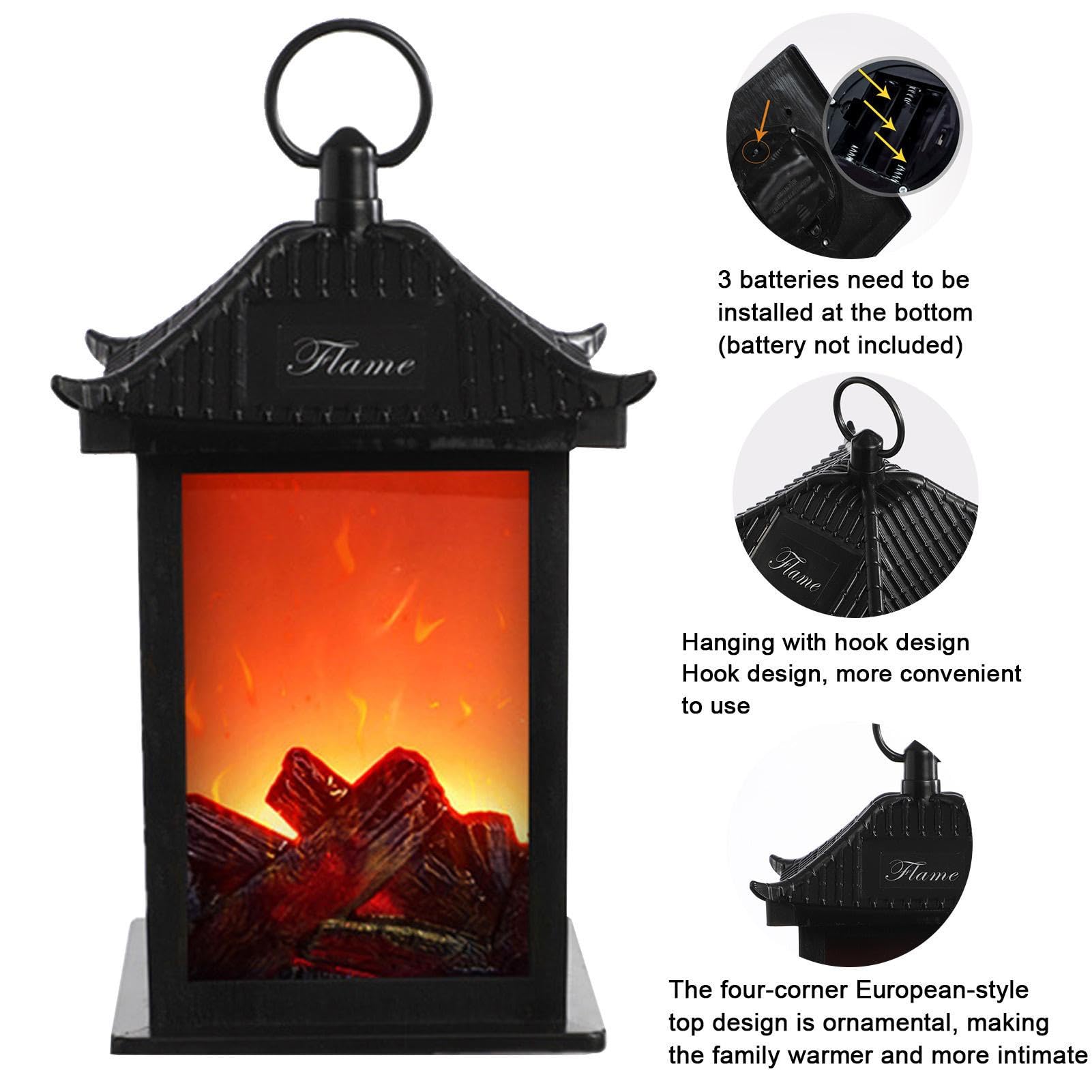 Rustic Flameless Fireplace Lantern - Vintage LED Hanging Lamp for Cozy Indoor & Outdoor Ambiance
