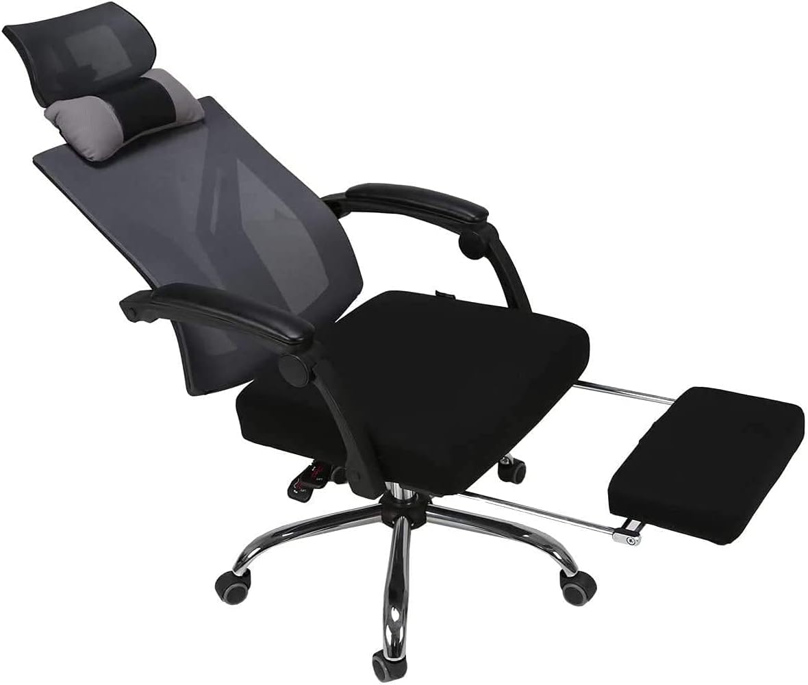High-Back Mesh Office Chair with Headrest,Footrest and Lumbar Pillow Support