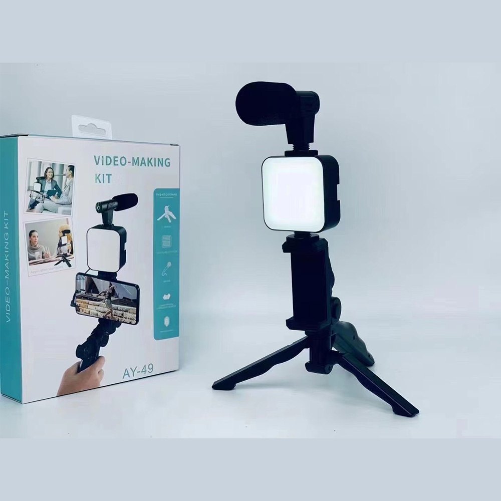 Professional AY-49 Smartphone Vlog Video Fill Light Kit with Tripod Microphone Phone Stand Remote Controller Shooting-Video Making kit Stabilizers- Vlogging Kit