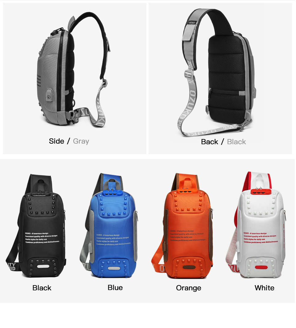 OZUKO USB Charging Anti-theft Waterproof Crossbody Multifunctional Chest Bag for Men & Women