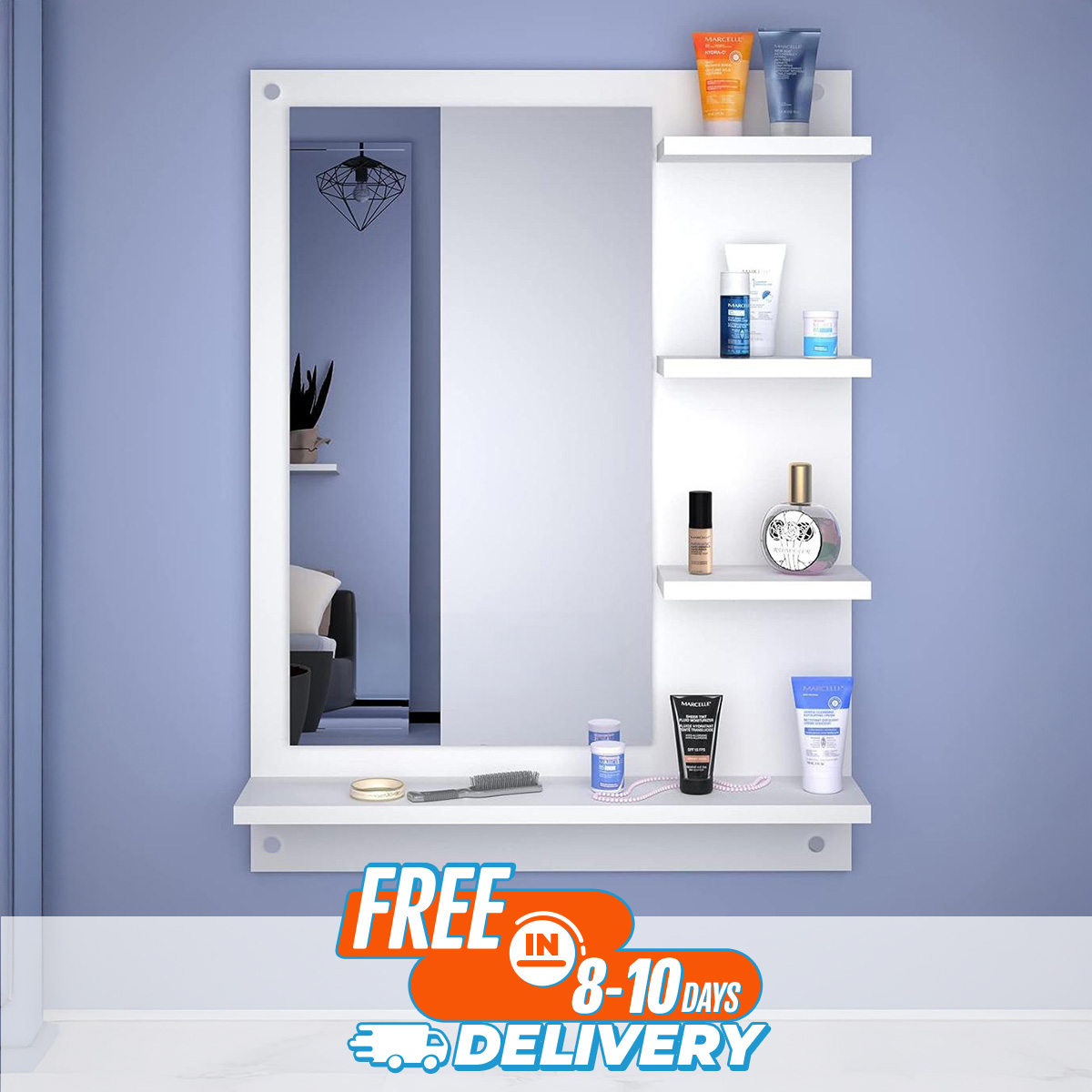 Furnisha Home Furniture Engineered Wood Melamine Board Square Wall Hanging Dressing Mirrors with Shelf multipurpose use your home & office (White , Matte Finish 30/24'')