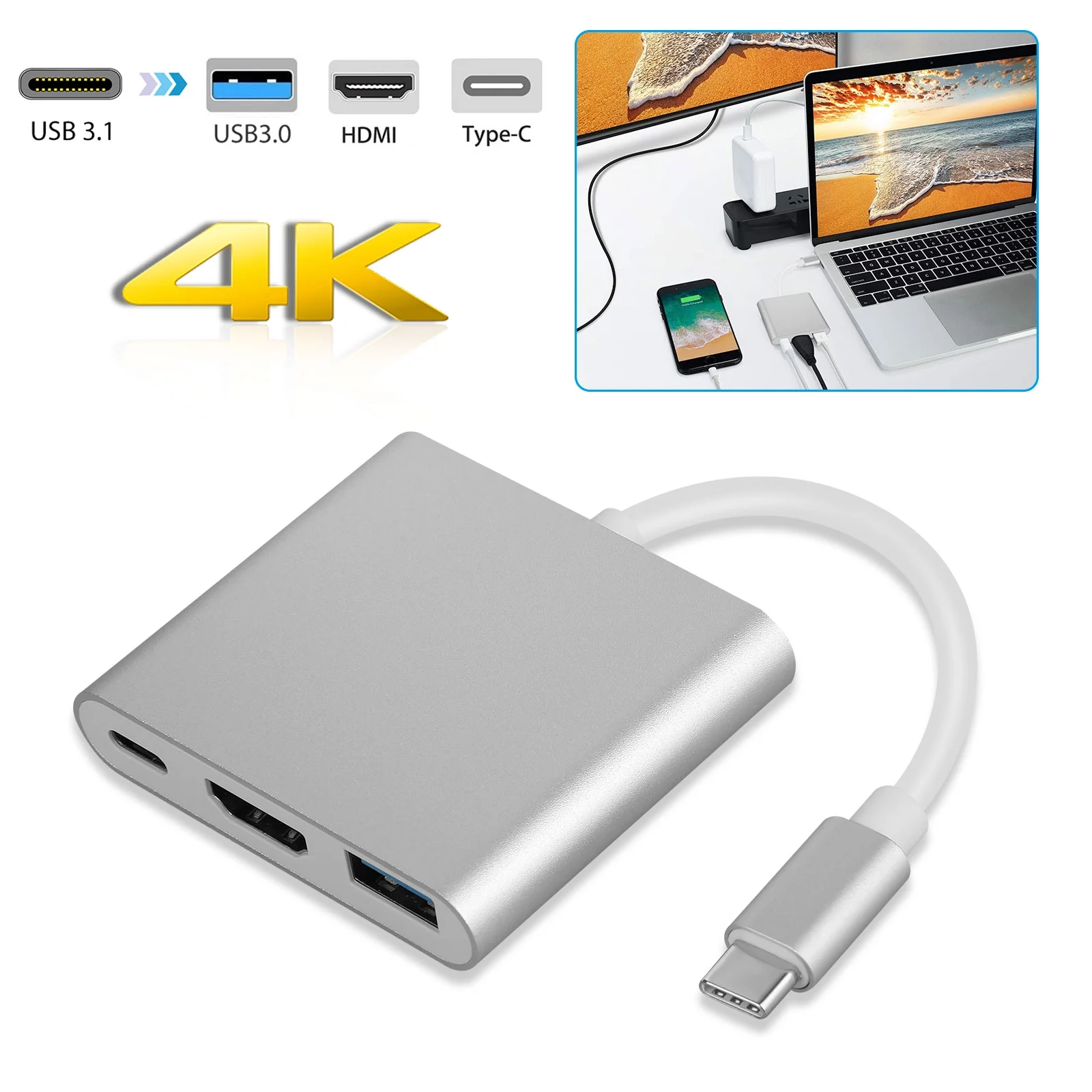 Type C USB 3.1 USB-C 4K HDMI USB 3.0 Adapter Cable 3 in 1 Hub For Mac book Gold